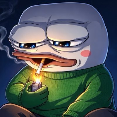 Apu Apustaja in a green sweater, lighting up